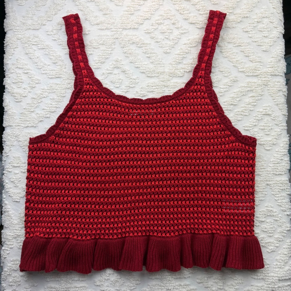 American Eagle Crochet Peplum Tank Top Red XL Boho Festival Summer Cotton